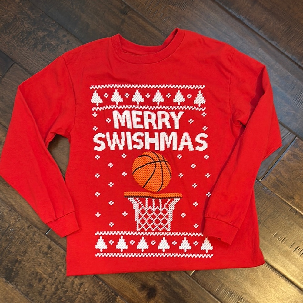 Red Long Sleeve Kids Tee with Basketball Design